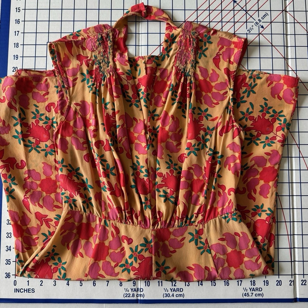 Tracy Reese 100% Silk Dress 4 Floral Y2K Smocked Orange Red Bright Open Back - Picture 11 of 14